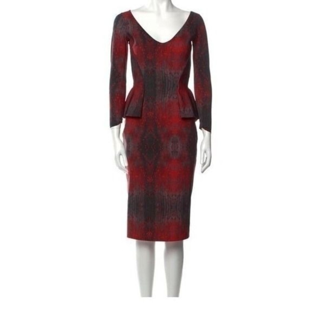 Chiara Boni La Petite Robe Red Grey Abstract Peplum V-Neck Sheath Dress Italy - Picture 3 of 12